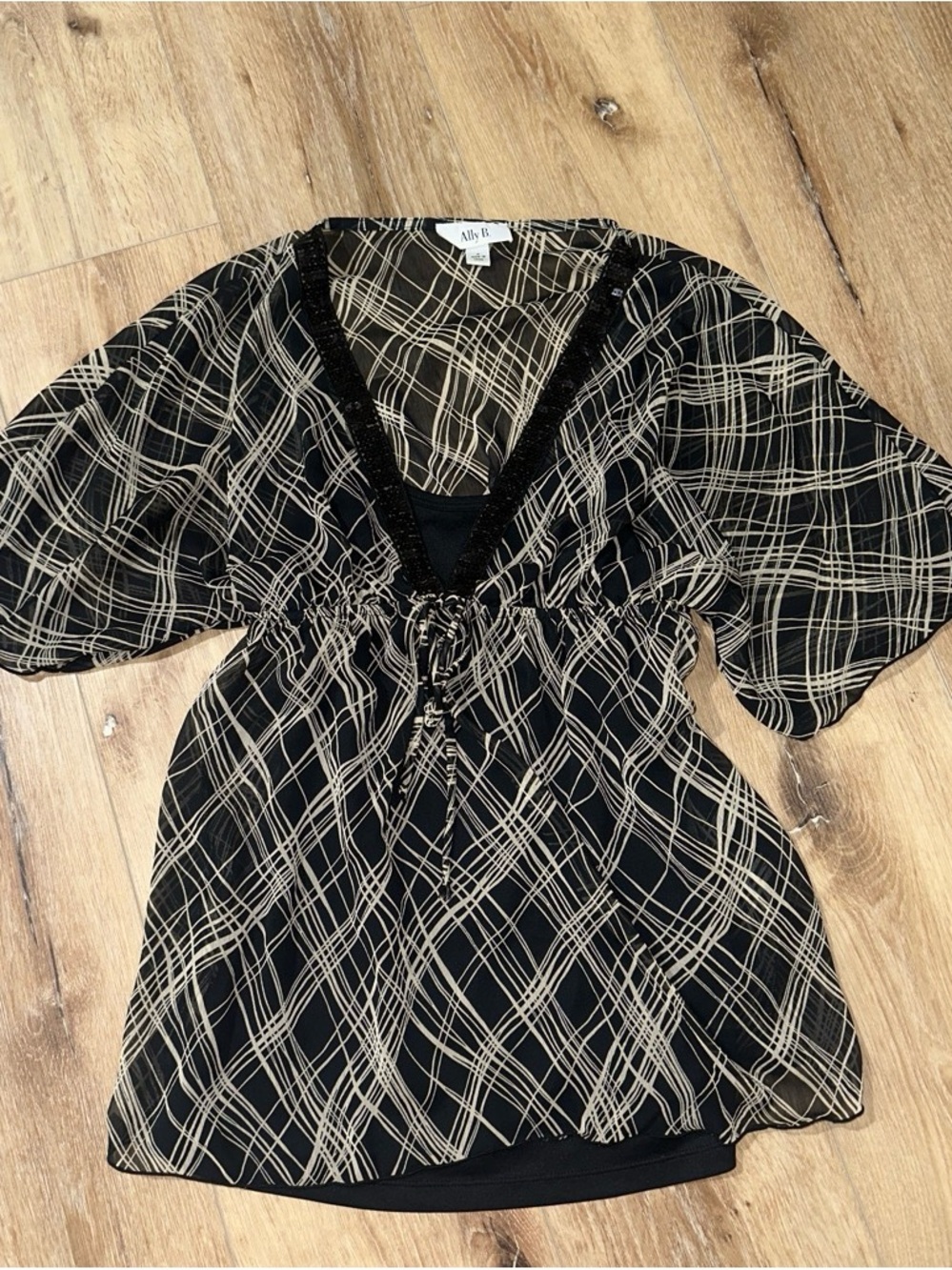 Ally B Black and Cream V-Neck Drawstring Tunic